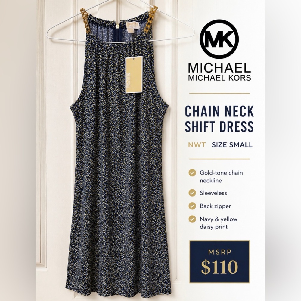 Michael Kors Chain Neck Shift Dress NWT Size Small Navy Yellow $110 MSRP